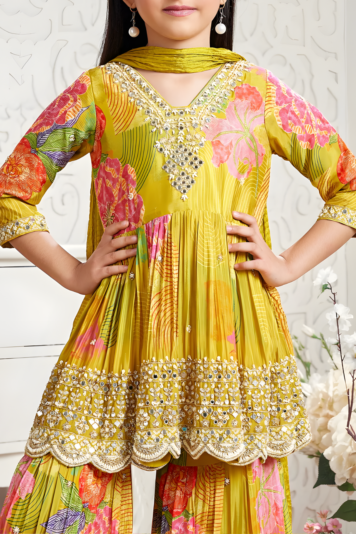 Girls' Yellow Floral Printed & Sequin Embroidered Sharara Set