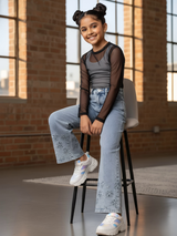 Girls' Light Blue Embroidered Wide-Leg Jeans.