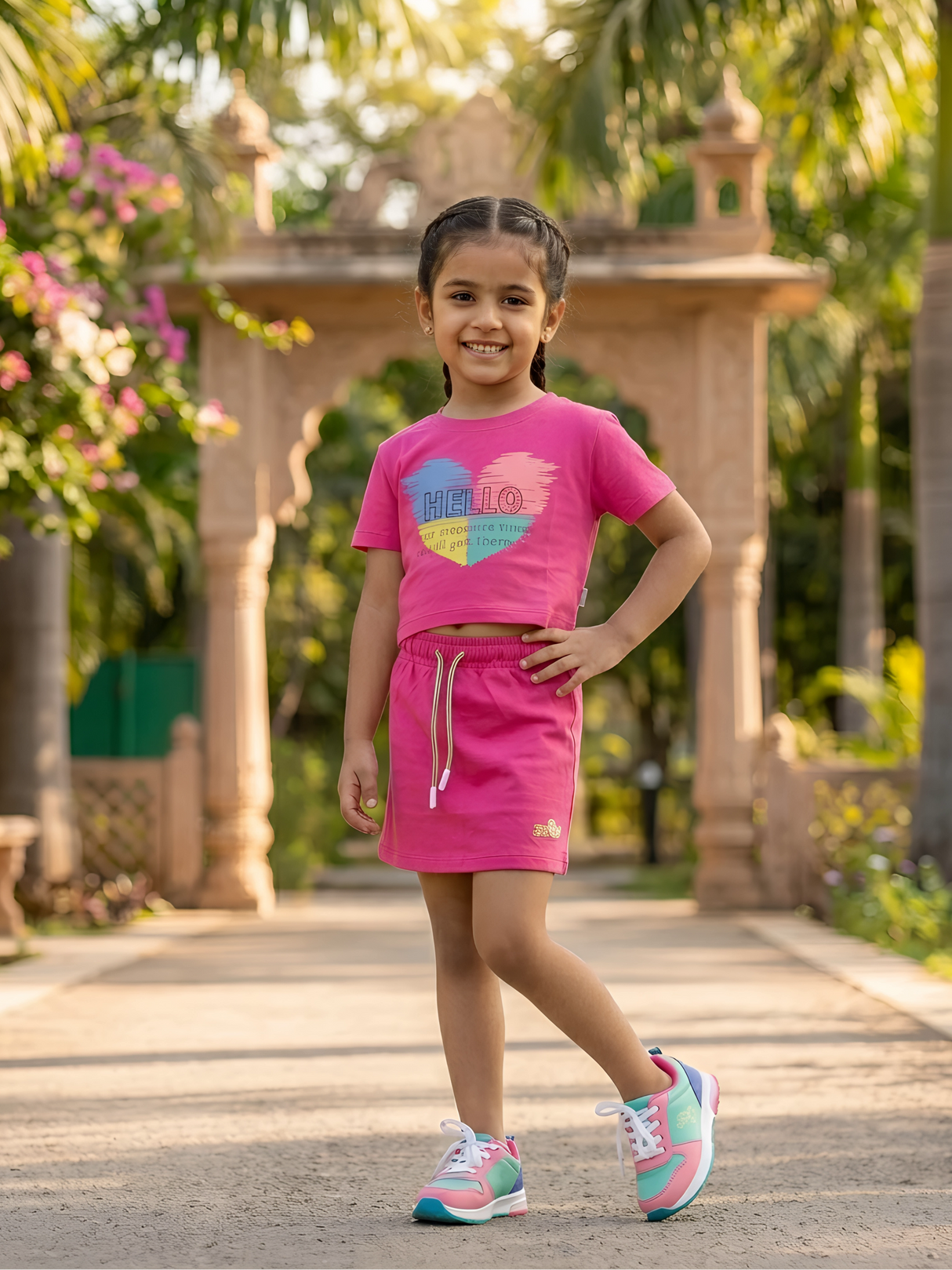 Girls Rani Pink Heart Print T-Shirt and Skirt Co-ord Set
