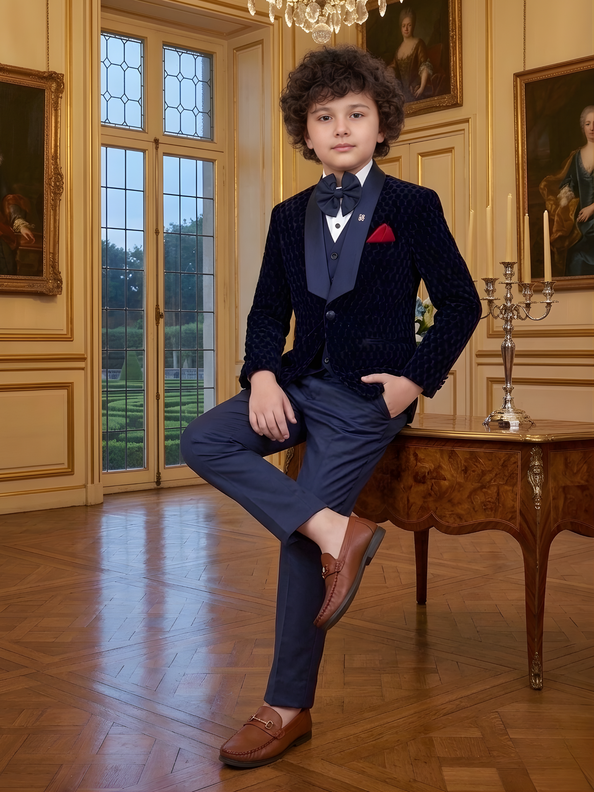 Boys' Navy Blue Textured Velvet Coat Suit with Vest and Bow Tie