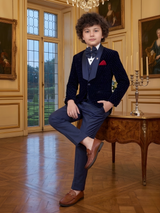 Boys' Navy Blue Textured Velvet Coat Suit with Vest and Bow Tie