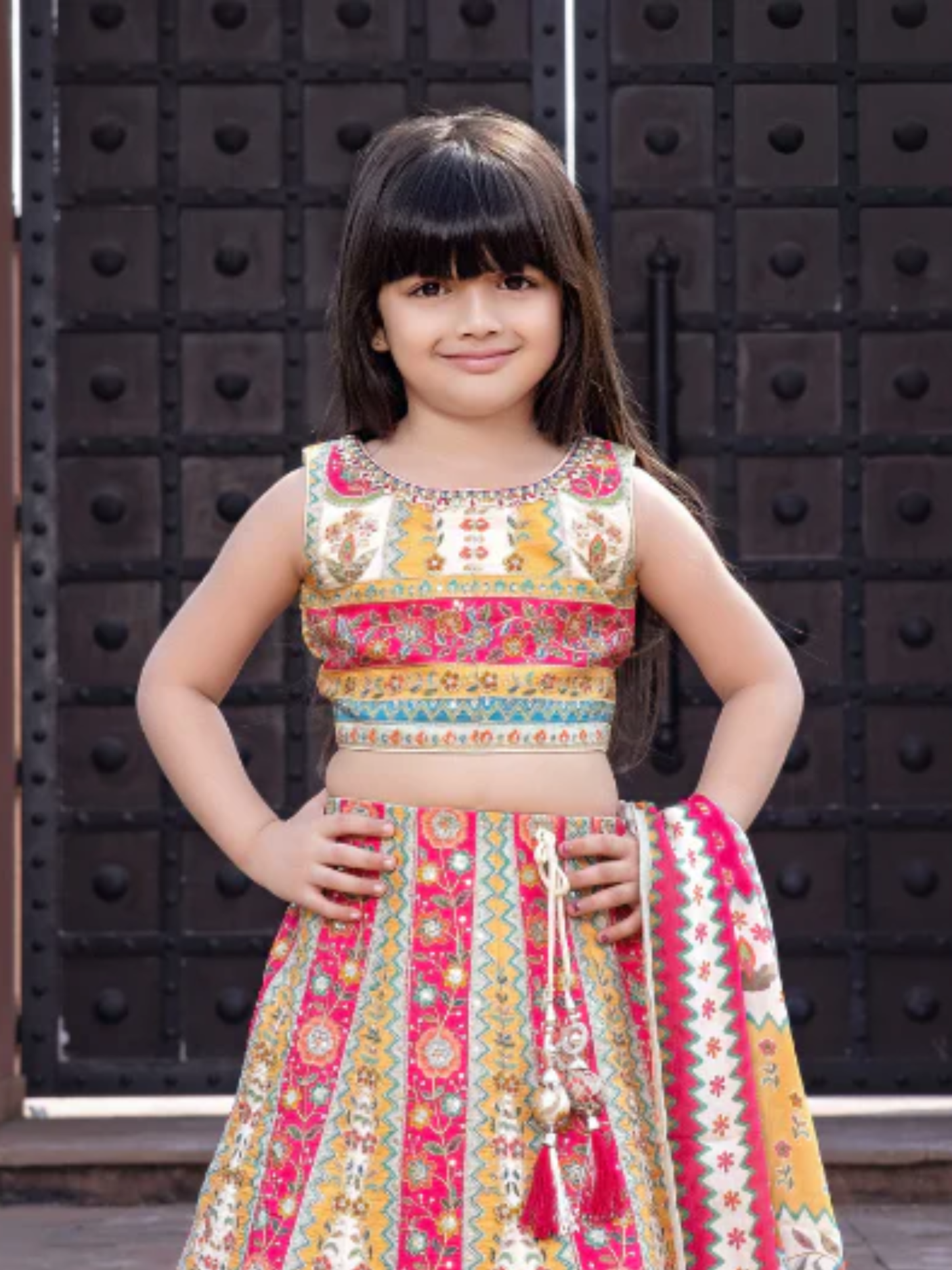 Girls' Cream & Pink Printed Crop Top Lehenga Choli Set