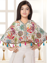 Girls' Floral & Paisley Print Cape Top and Palazzo Set (Cream/Multi)