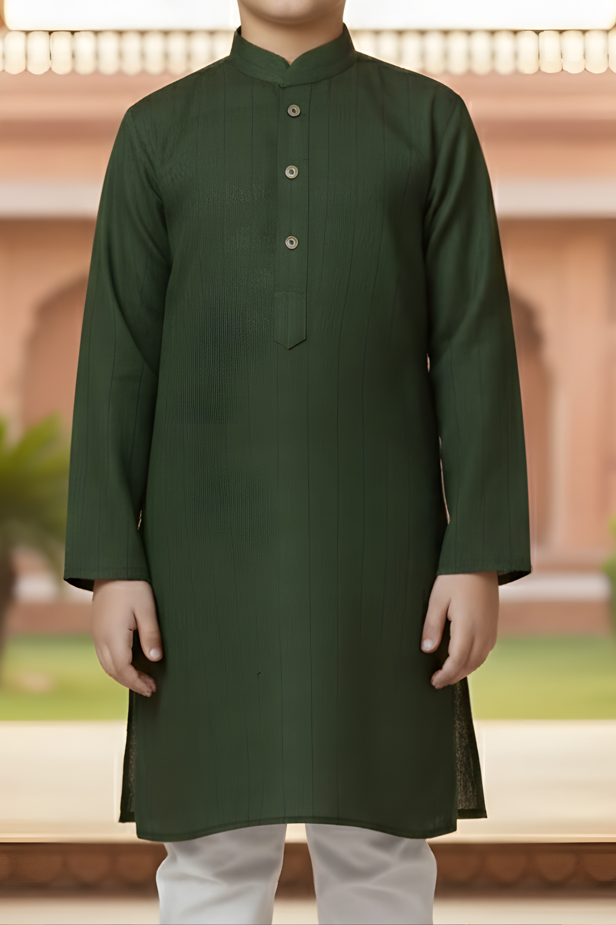 Boys' Dark Green Self-Design Kurta and White Pajama Set
