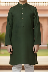 Boys' Dark Green Self-Design Kurta and White Pajama Set