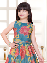 Girls' Floral Print Lehenga Choli Set - Teal & Pink.