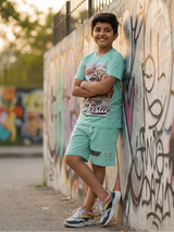 Boys' Mint Green "Hustle" Graphic Streetwear Co-ord Set