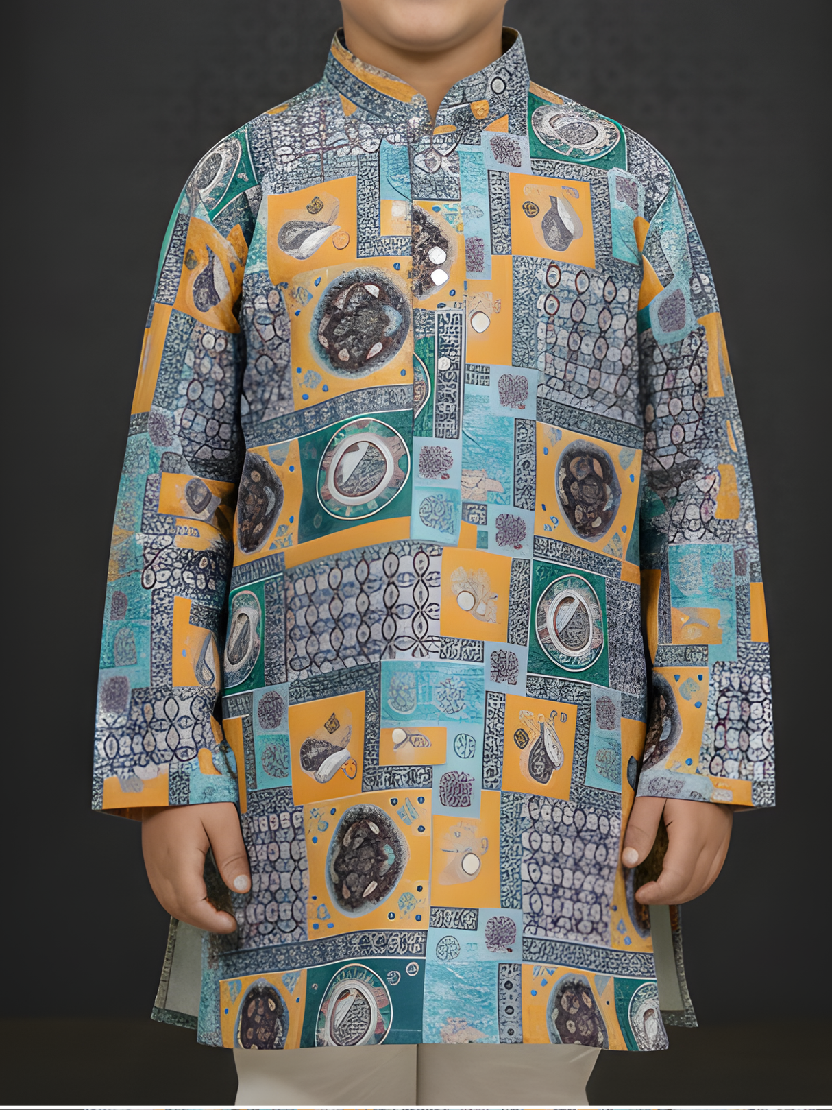 Boys Mustard Yellow Mughal Heritage Print Kurta Set.