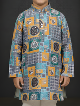 Boys Mustard Yellow Mughal Heritage Print Kurta Set.