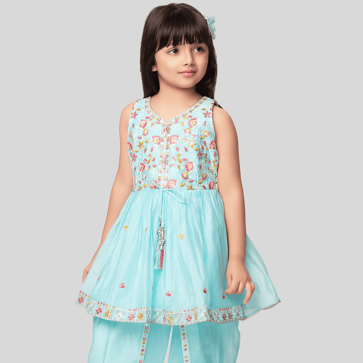 Girls Traditional Sleeves Less Dhoti Set - Blue