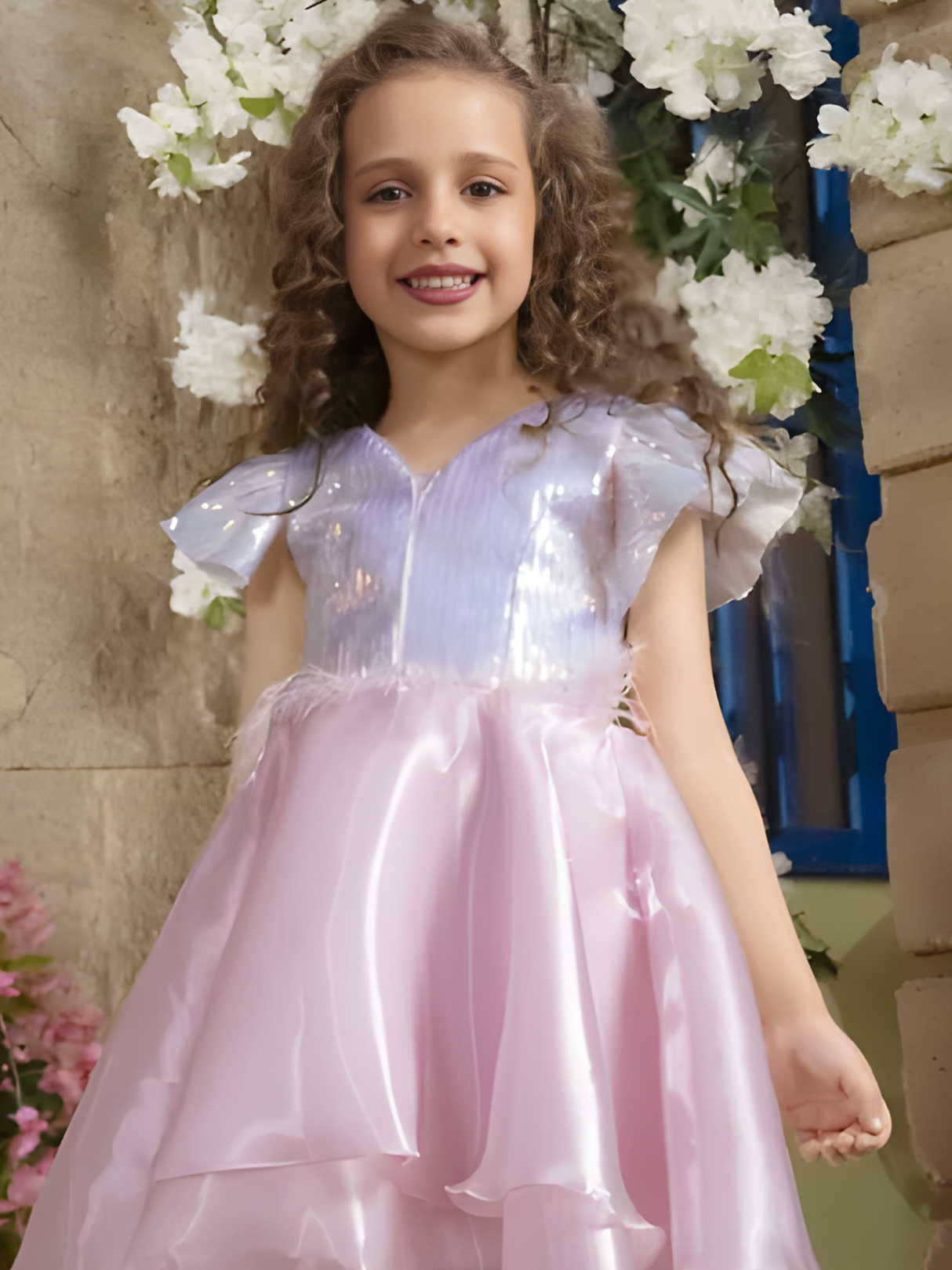Girls Party Satin Party Frock With Work - Pink