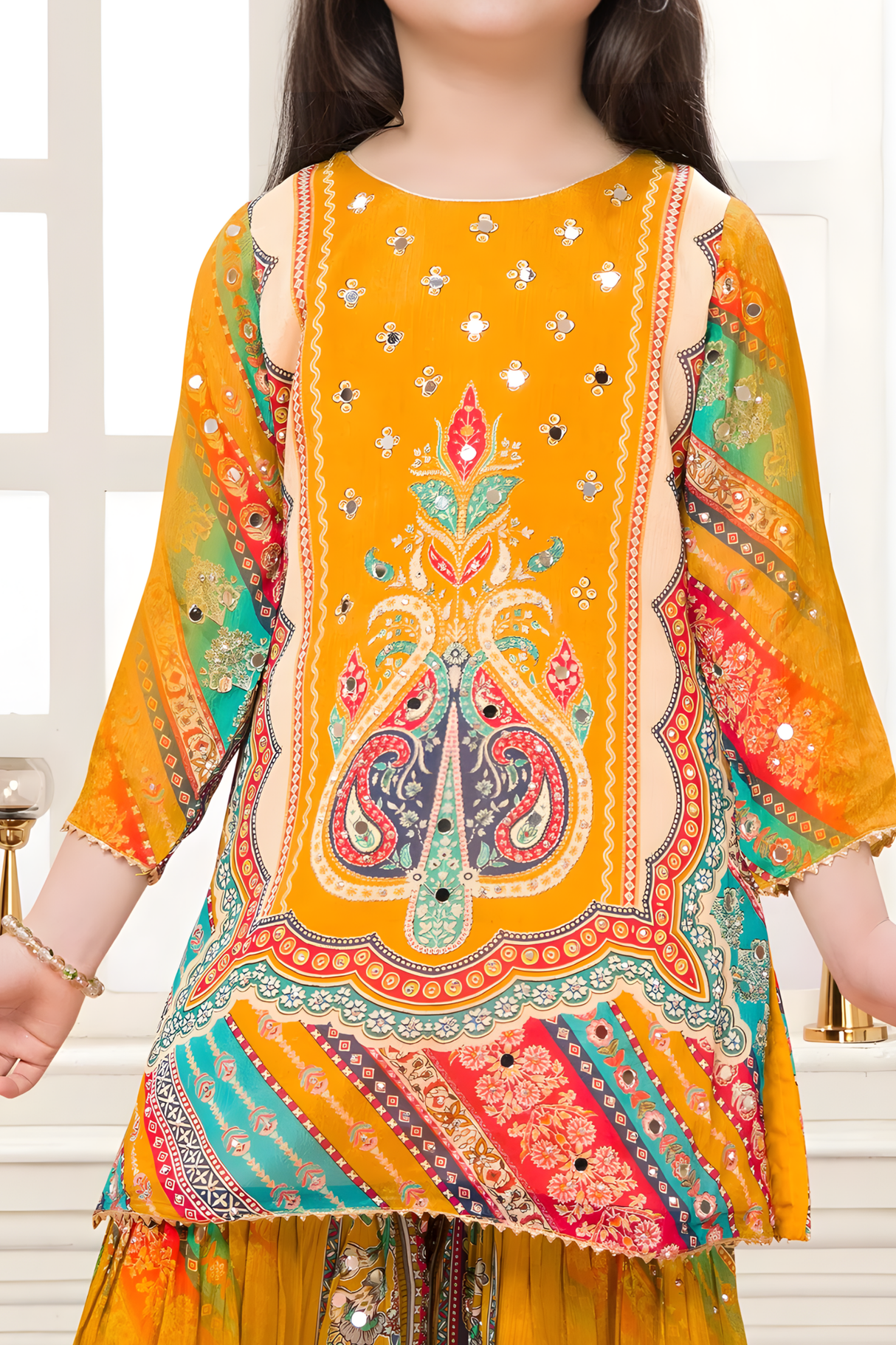 Girls' Vibrant Orange Multi-Color Printed Sharara Set