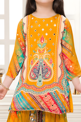 Girls' Vibrant Orange Multi-Color Printed Sharara Set