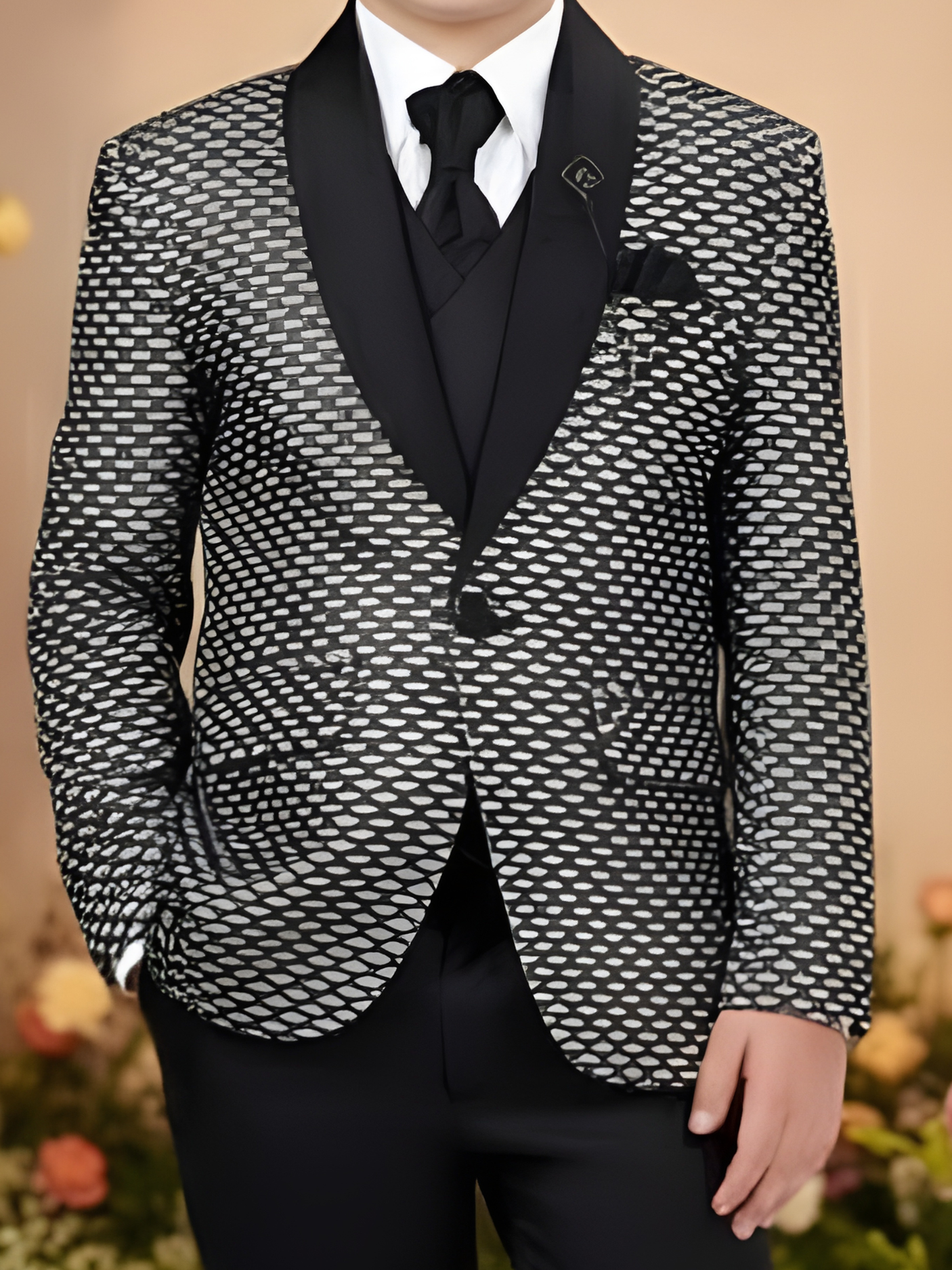 Boys' Black Tuxedo Suit with Silver Embroidered Shoulder and Bow Tie