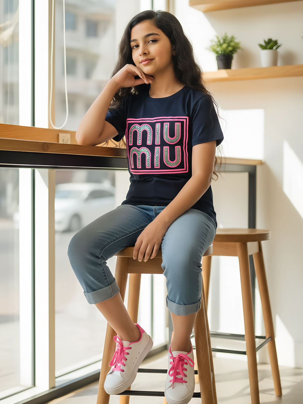 Girls' Navy Blue "MIU MIU" Graphic Tee - Sparkle Edition
