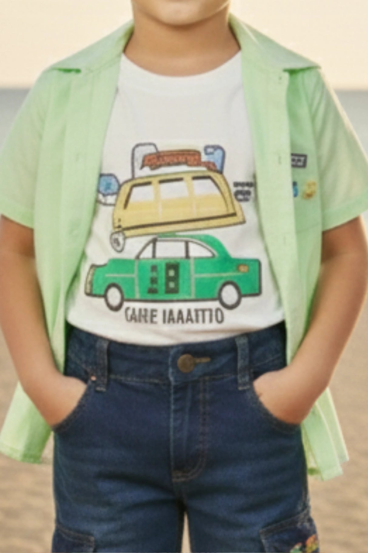 Boys’ 3-Piece "Urban Explorer" Set – Mint Green Shirt, Graphic Tee & Denim Cargo Shorts