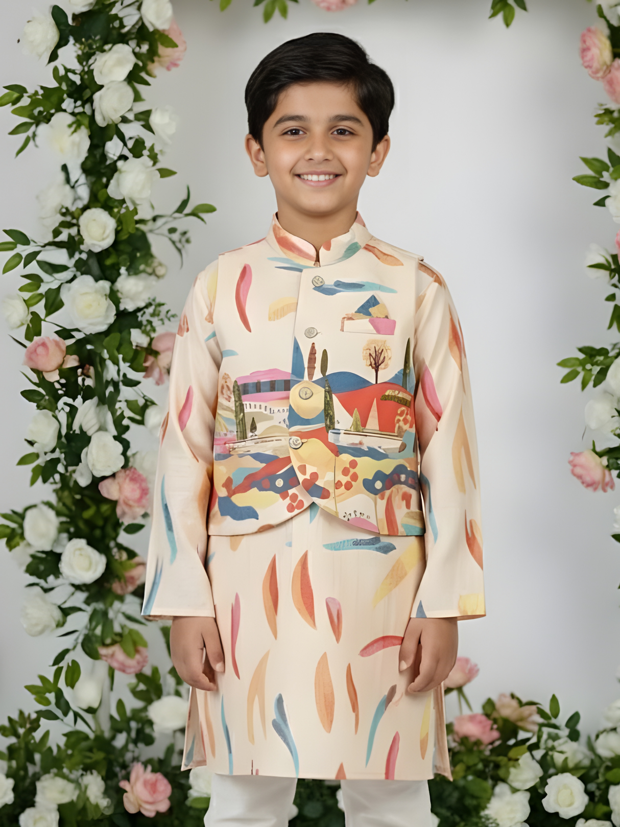 Boys' Cream Kurta Set with Modern Multi-Color Printed Nehru Jacket.