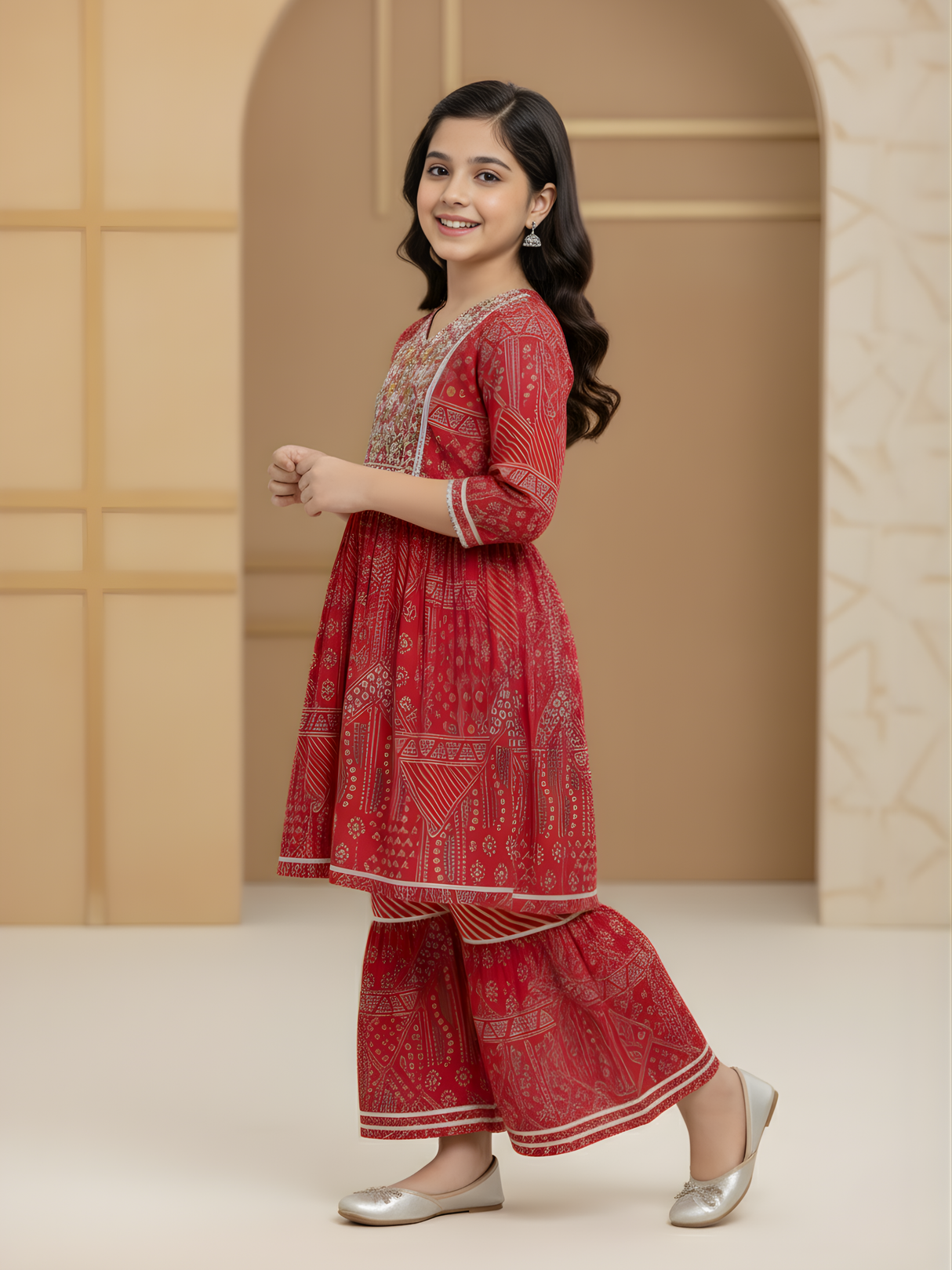 Girls' Festive Red Embroidered Kurti and Tiered Sharara Set