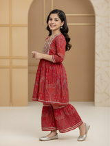 Girls' Festive Red Embroidered Kurti and Tiered Sharara Set