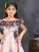 Girls Party Satin Western Gown With Work- Peach