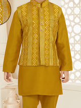 Boys' Mustard Yellow Kurta Set with Gold Patterned Waistcoat