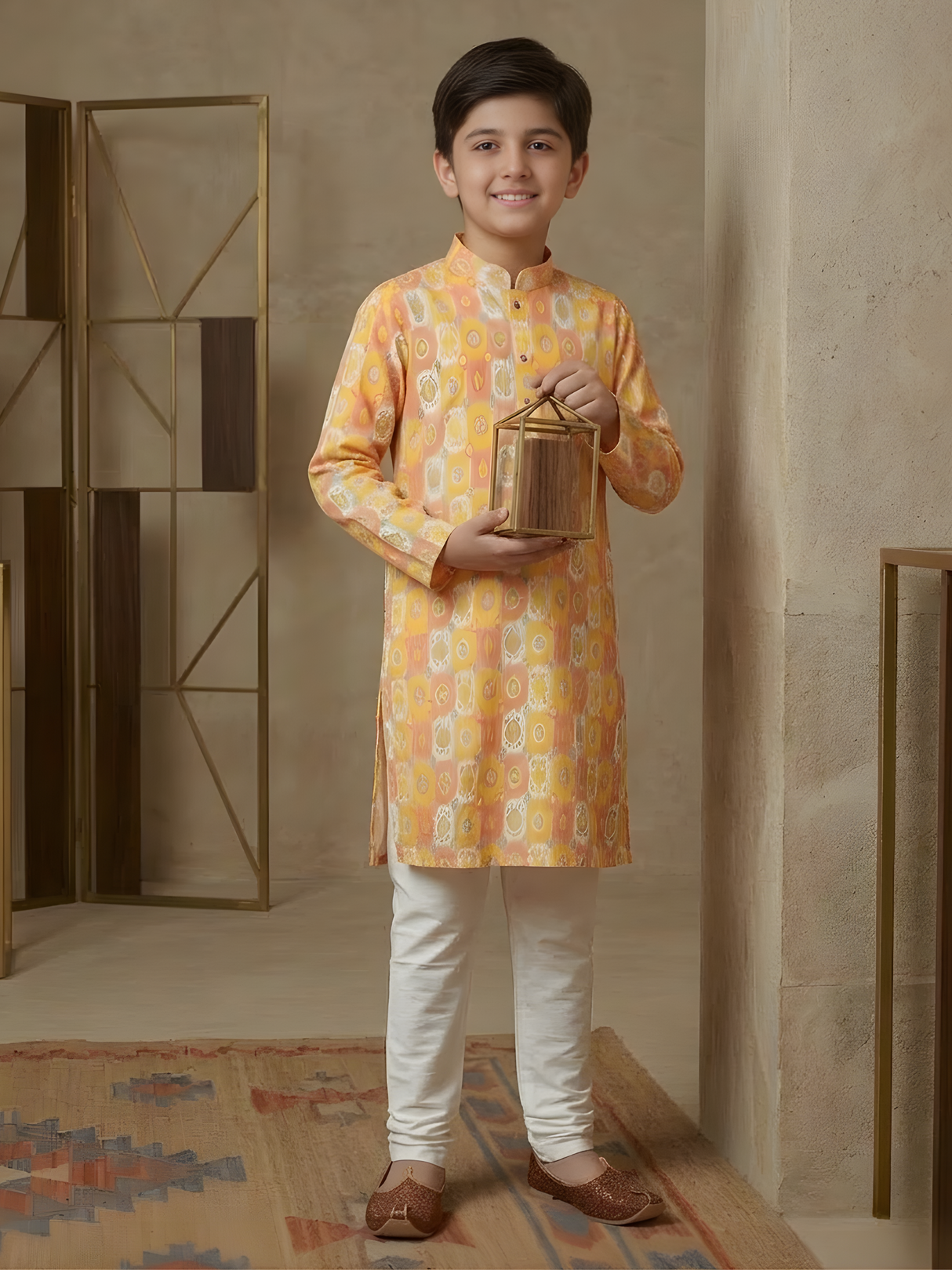 Boys' Yellow & Pink Printed Kurta with Cream Pyjama Set.