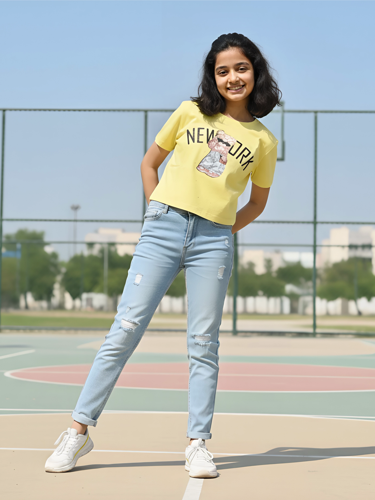 Girls' Trendy Yellow Graphic Print Crop Top