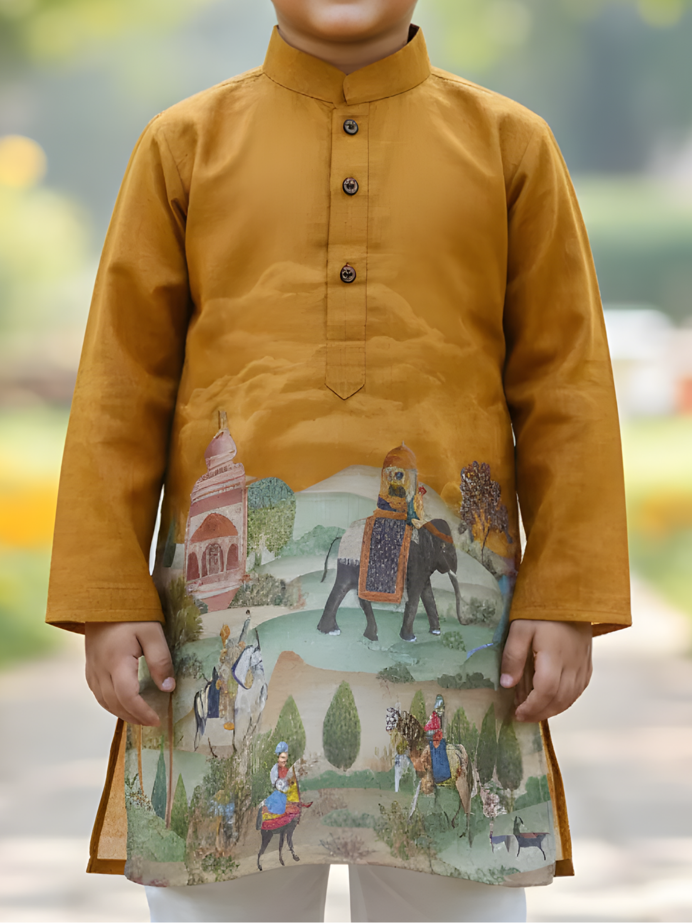 Boys Mustard Yellow Mughal Heritage Printed Kurta Set