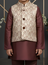 Boys Cream & Brown Ethnic Kurta Set with Geometric Printed Nehru Jacket
