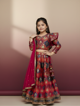 Girls' Red Brocade Embroidered Crop Top (Choli) and Lehenga Set with Dupatta