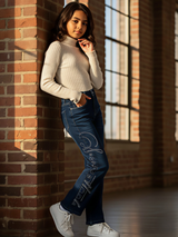 Girls' Blue Rhinestone Embellished Wide-Leg Jeans.