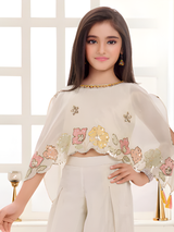 Girls' Embroidered Crop Top, Cape & Palazzo Set (Cream)