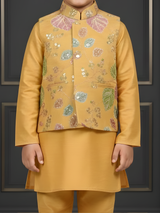 Boys Mustard Yellow Silk Kurta Set with Embroidered Nehru Jacket