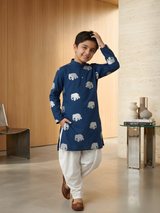 The Silver Majestic Elephant Printed Kurta & Pajama Set (Navy).