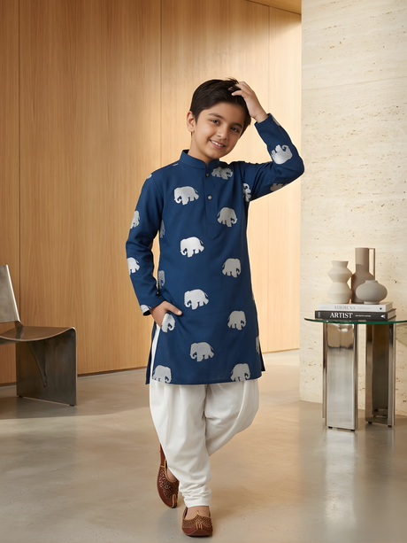 The Silver Majestic Elephant Printed Kurta & Pajama Set (Navy).