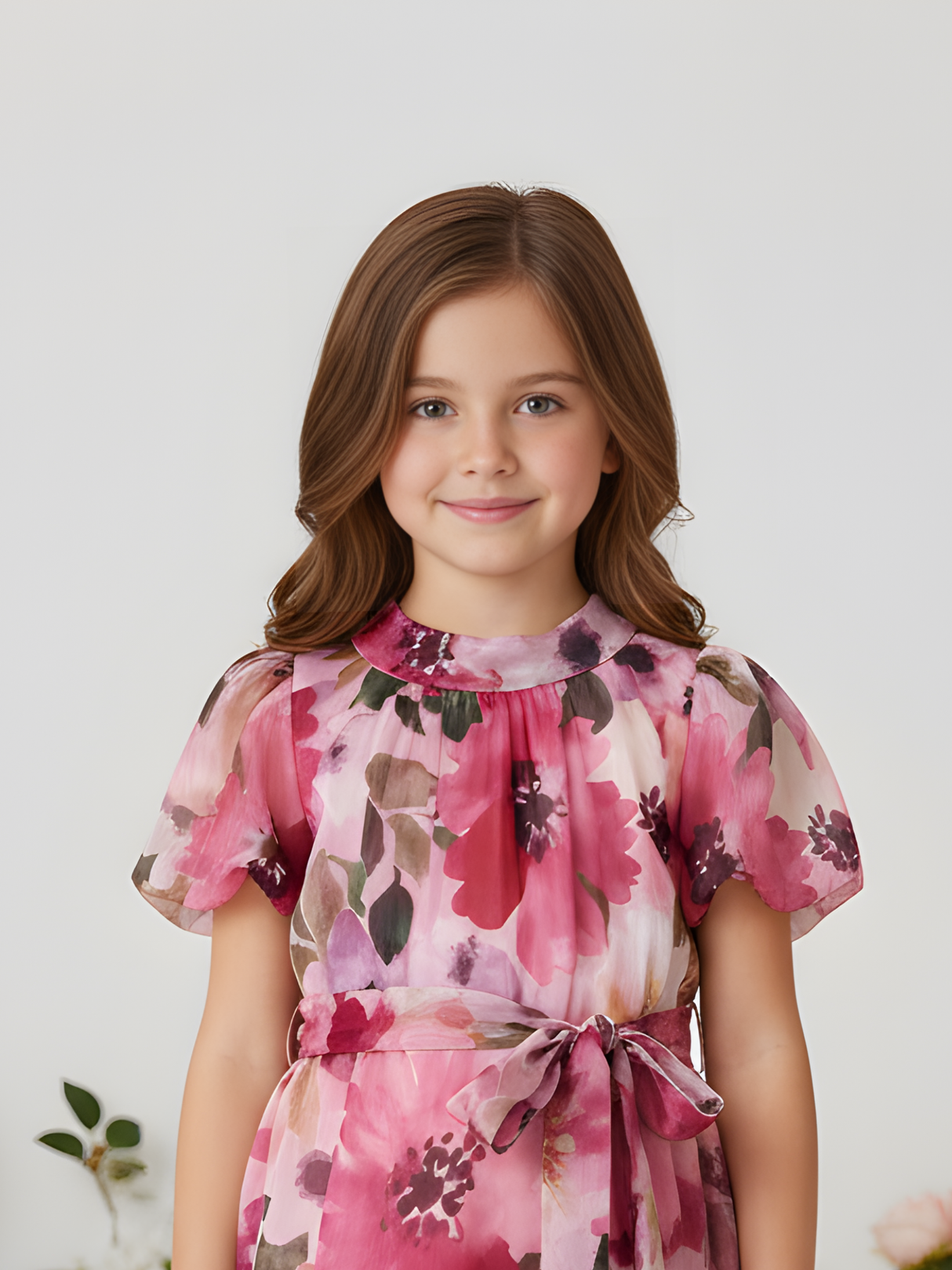 Girls' Sheer Pink Floral Organza Frock with Tie-Up Neck and Waist