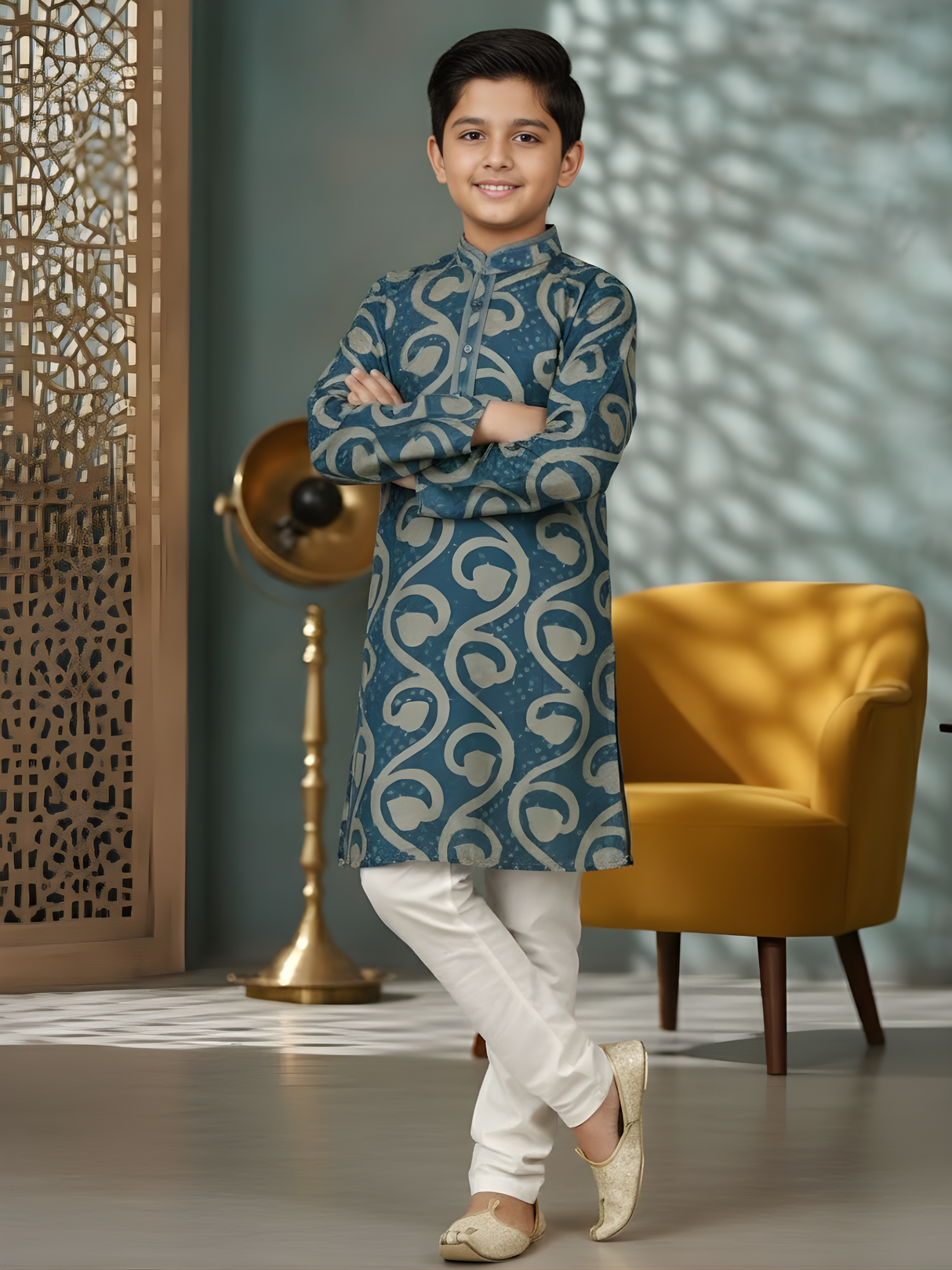 Boys Blue Scroll Print Cotton Kurta Set