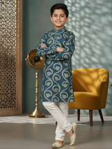 Boys Blue Scroll Print Cotton Kurta Set
