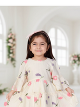 Boho Chic Cream Frock with Vibrant Floral Embroidery & Bell Sleeves