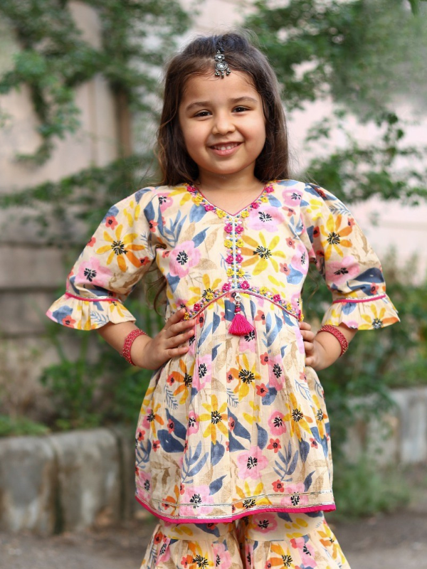 Girls Traditional Half Sleeves Sharara Set - Yellow