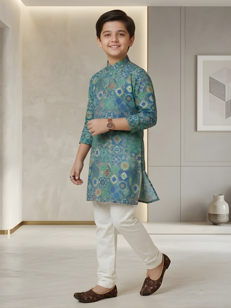 Boys' Festive Multi-Color Geometric Print Kurta with Cream Pyjama Set.