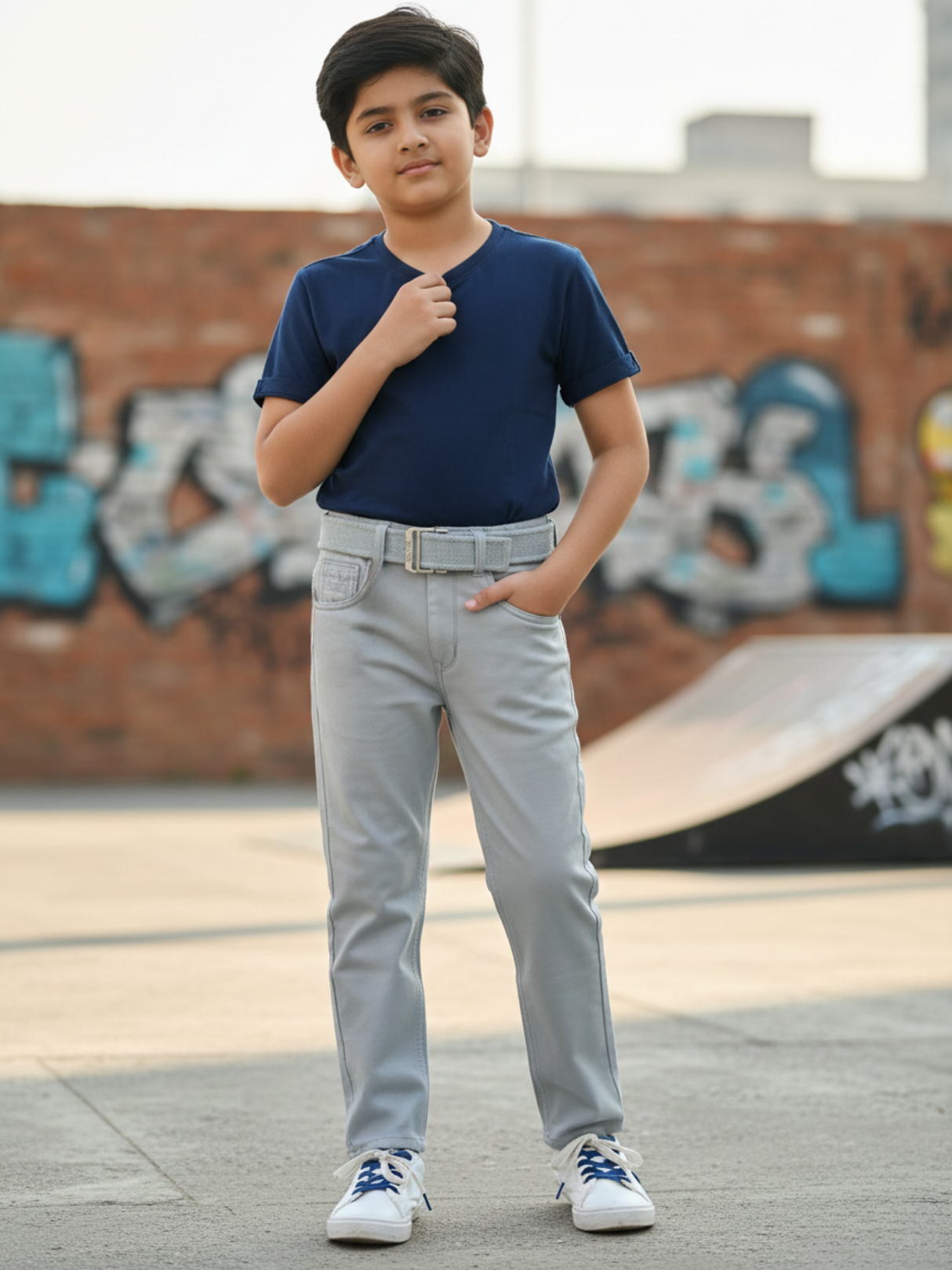Kids Premium Light Grey Belted Jeans with Accessory