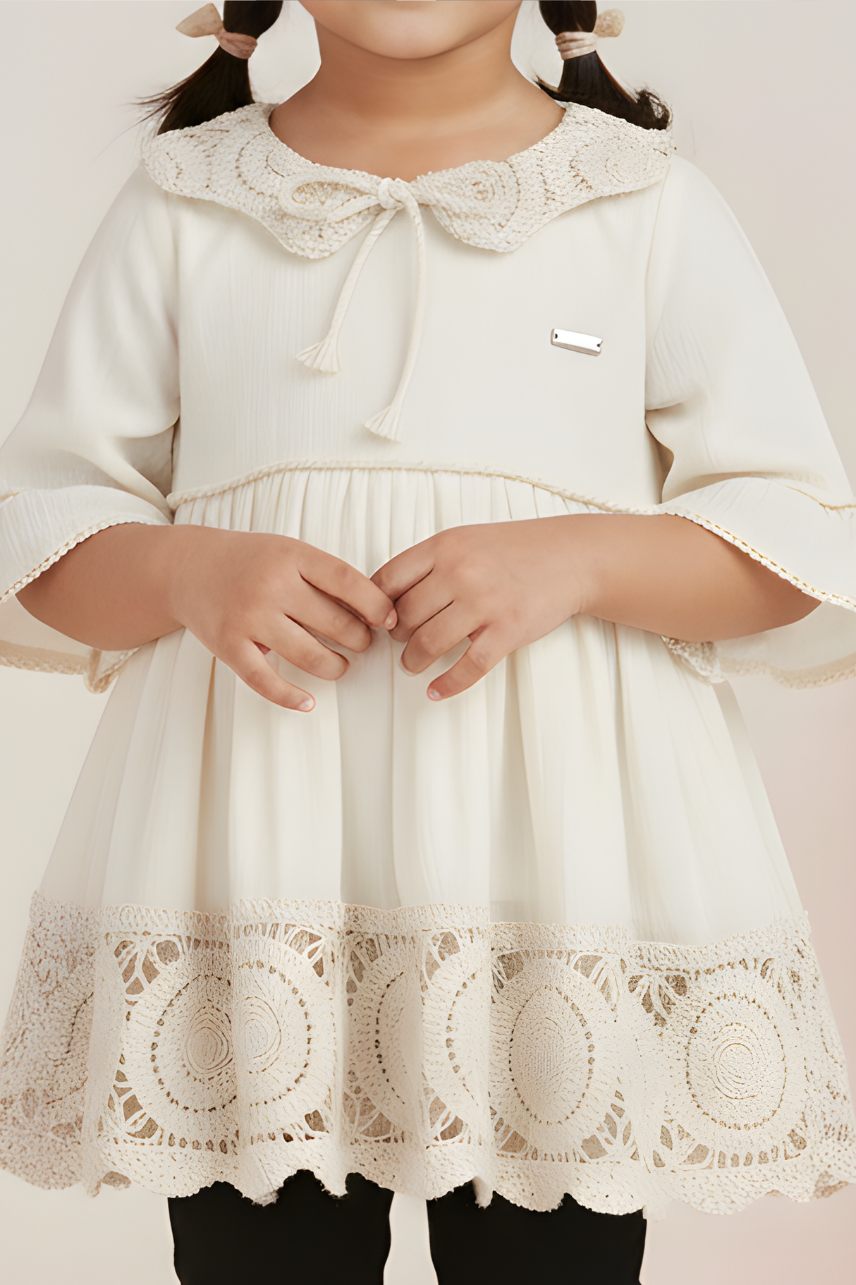 Girls' Vintage-Style Cream Crochet Collar Dress