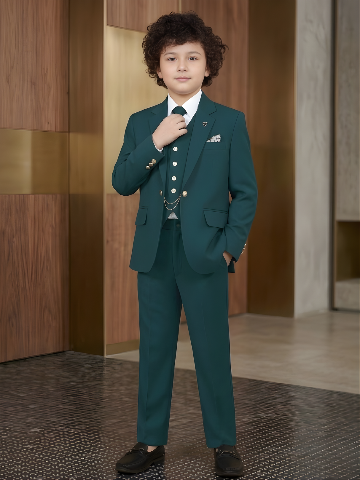 Boys' Teal Blue 5-Piece Formal Suit Set with Vest and Tie