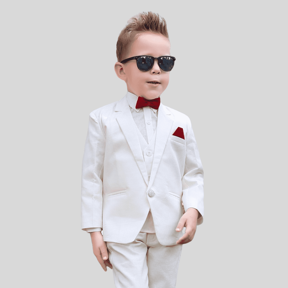 Boys Party 3 Piece Suit With Bow-White