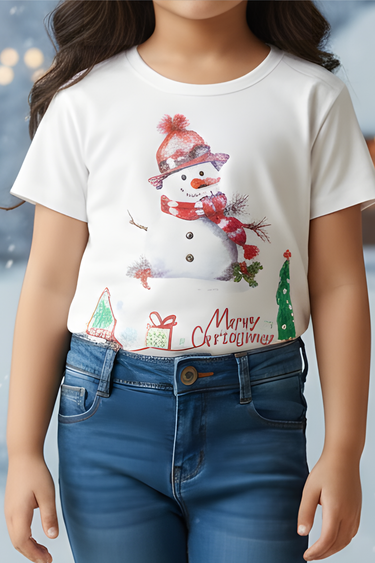 Girls' Merry Christmas Snowman Print White Cotton T-Shirt