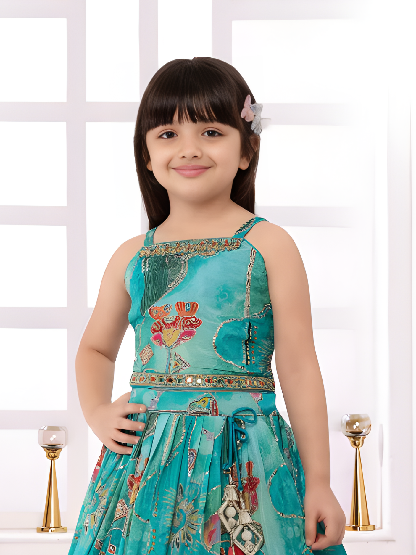 Girls' Vibrant Aqua Blue Floral Print Lehenga Choli Set with Mirror Work