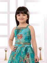 Girls' Vibrant Aqua Blue Floral Print Lehenga Choli Set with Mirror Work
