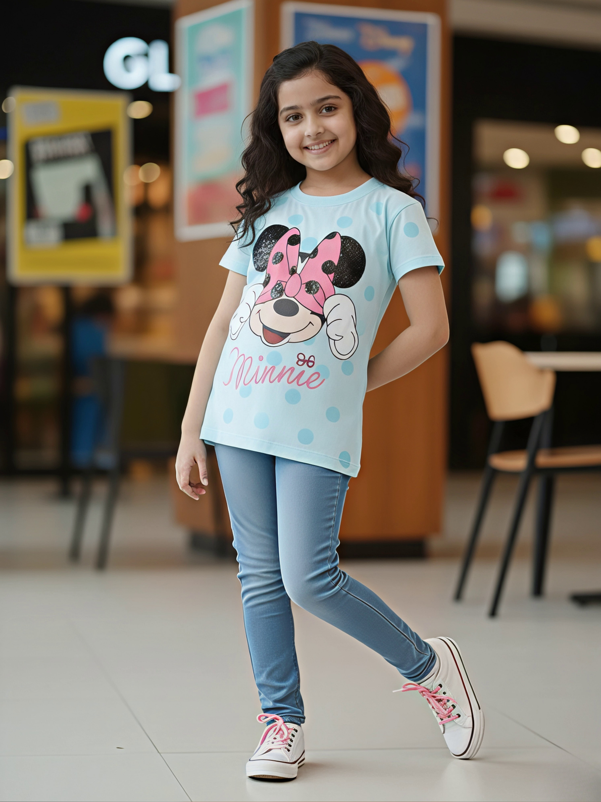Girl's Disney Minnie Mouse Print Blue Cotton Tops