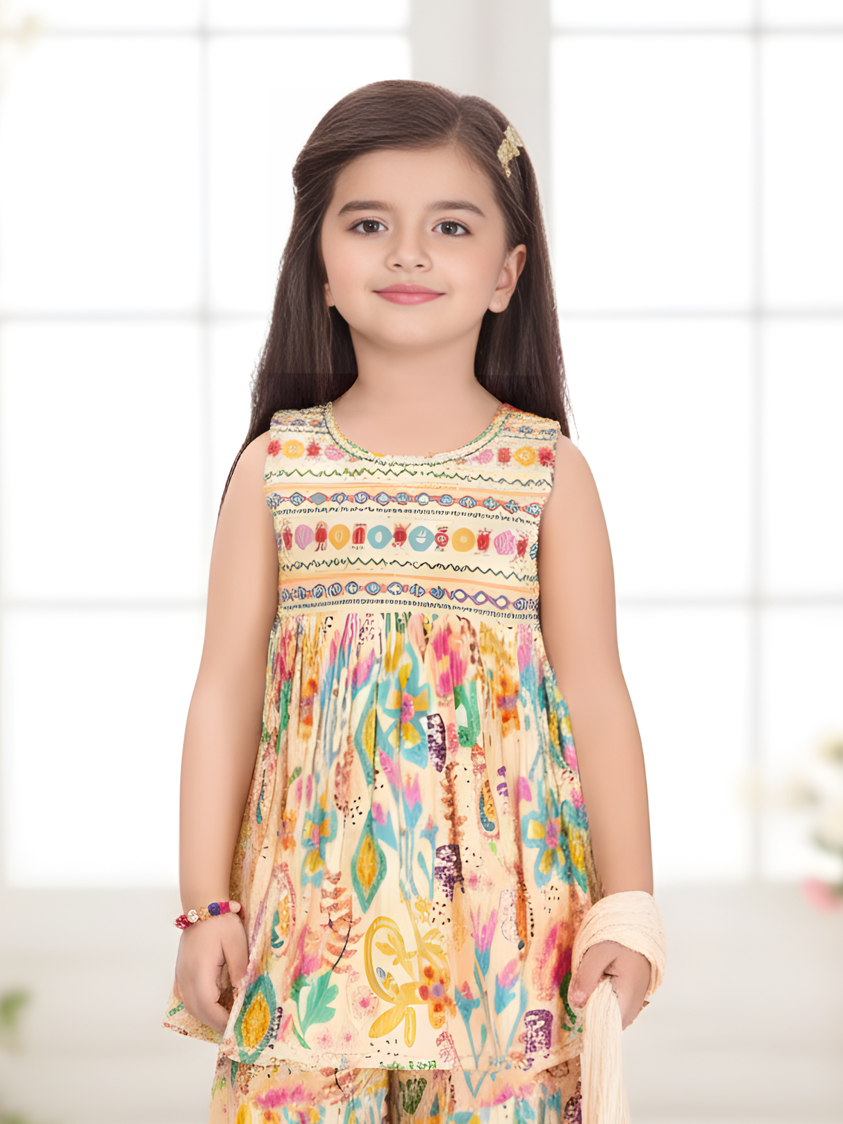 The Whimsical Meadow Floral Peasant Garara Set (Cream Multi).